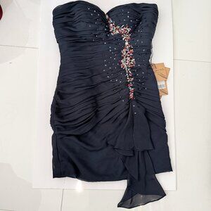 Y2K Navy Strapless ruched mini dress with a beaded and sequined side cascade